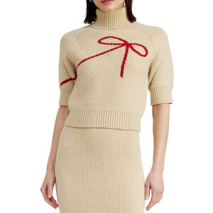En Saison Women's Large Beige Turtleneck Sweater with Red Bow, Short NWT